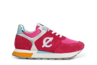 Sneakers in pelle scamosciata e tessuto con glitter fuxia