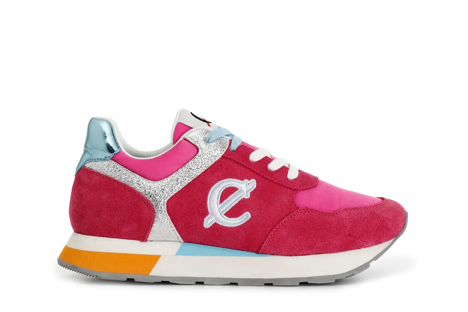 Sneakers in pelle scamosciata e tessuto con glitter fuxia