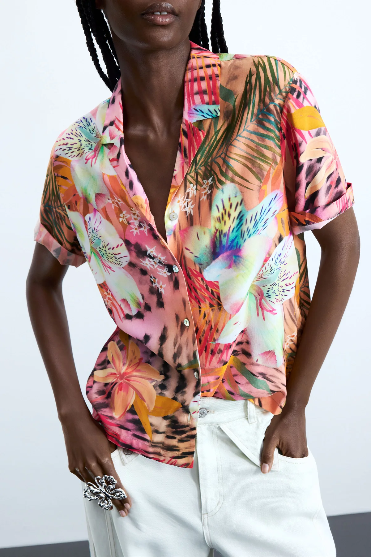 Camicia Maniche Corte Donna Arancione Stampa Logo - vista 2