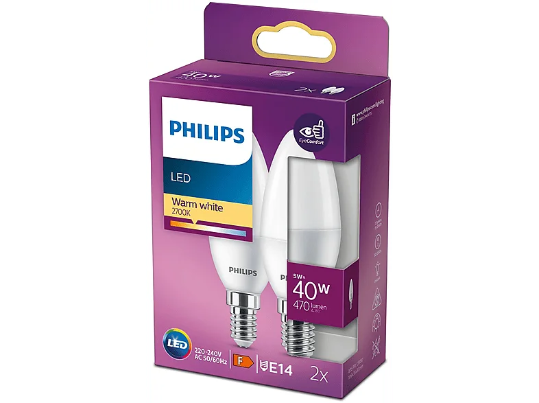 Lampadina LED Philips 2X Cand 40W E14 2700K