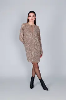 Abito con ricamo strass multibeige
