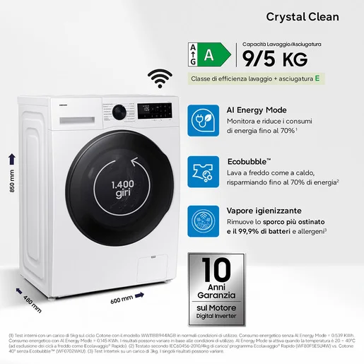 Samsung Lavasciuga Crystal Clean Slim 9Kg WiFi