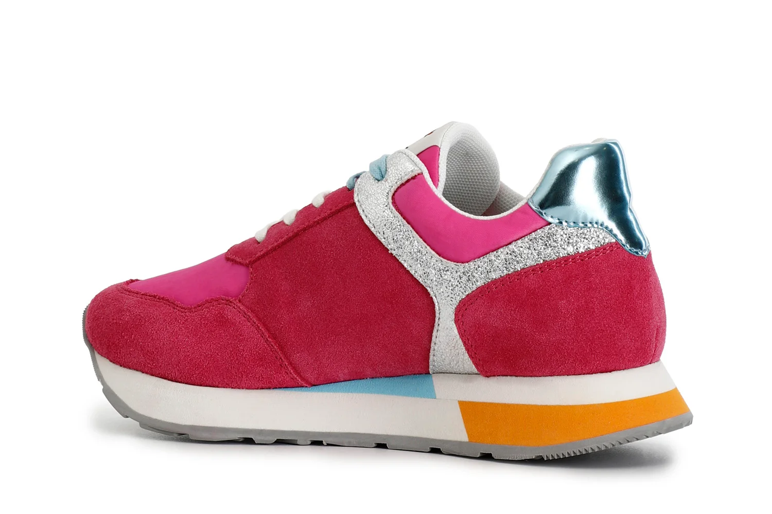 Sneakers in pelle scamosciata e tessuto con glitter fuxia - vista 2