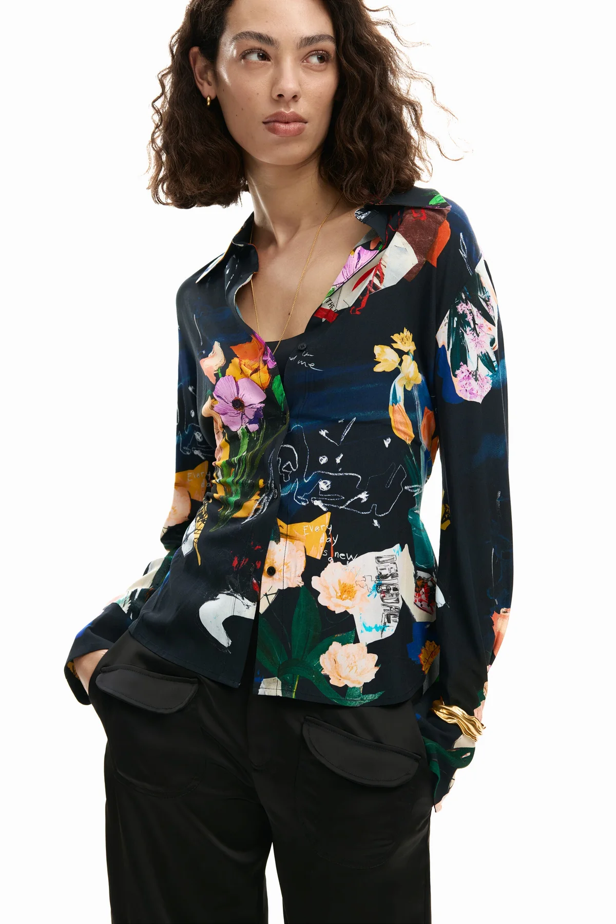 Camicia Maniche Lunghe Donna Nera con Stampa Logo - vista 2