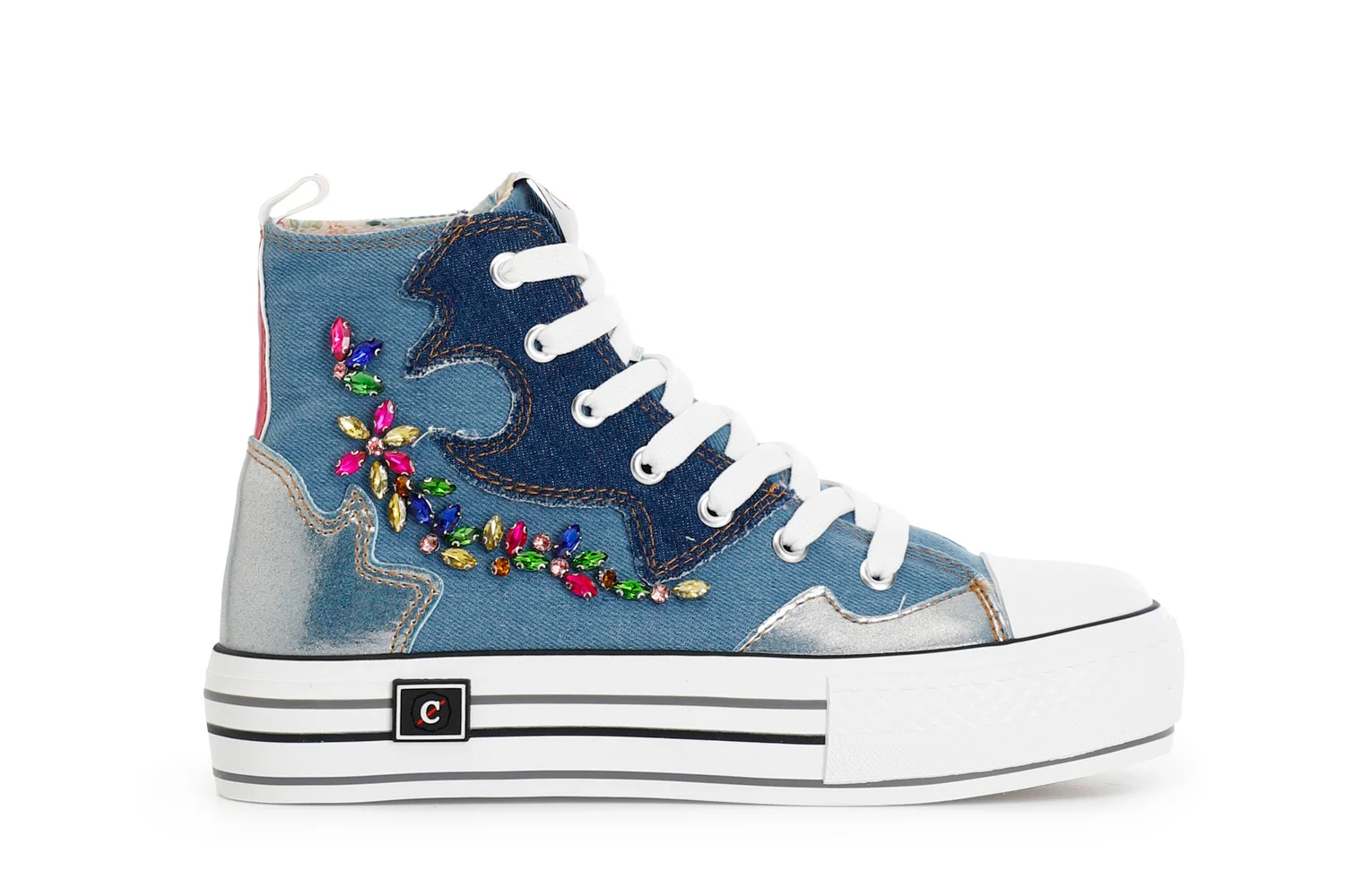 Sneakers mid in tessuto jeans con strass