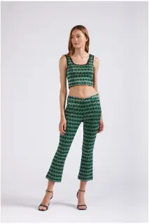 Pantaloni cropped flare tessuto jacquard multiverde