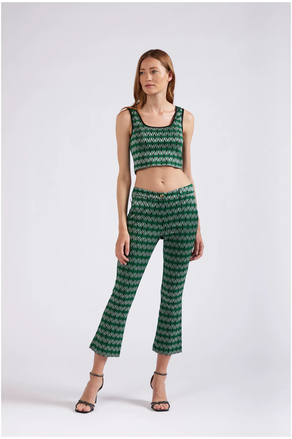 Pantaloni cropped flare tessuto jacquard multiverde