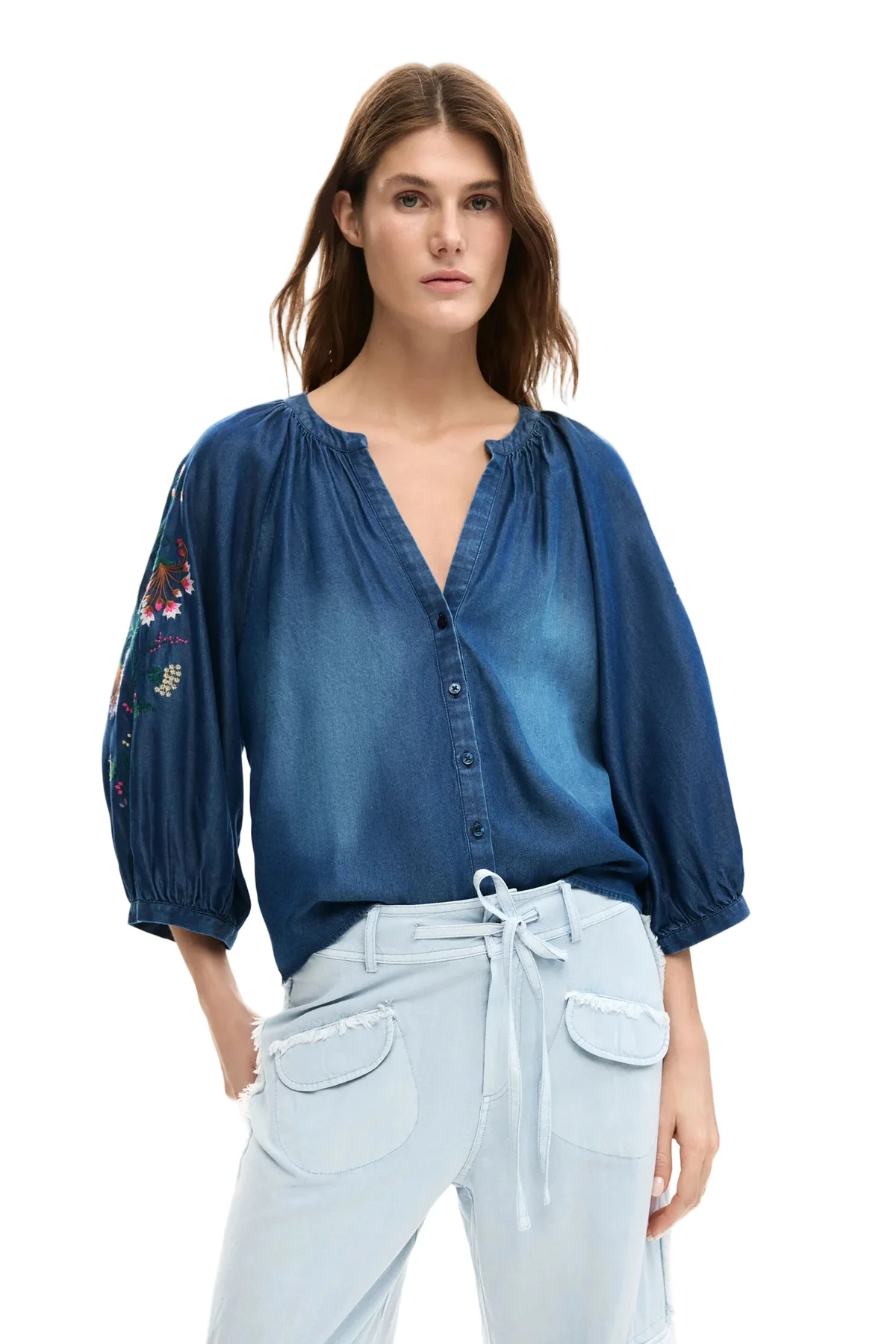 Desigual Camicia Maniche Lunghe Donna Blu Ricamo