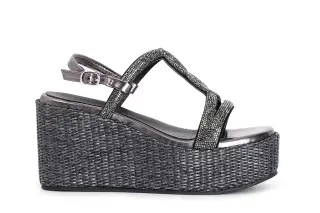 Sandali Doppia Fascia in Strass con Zeppa in Rafia