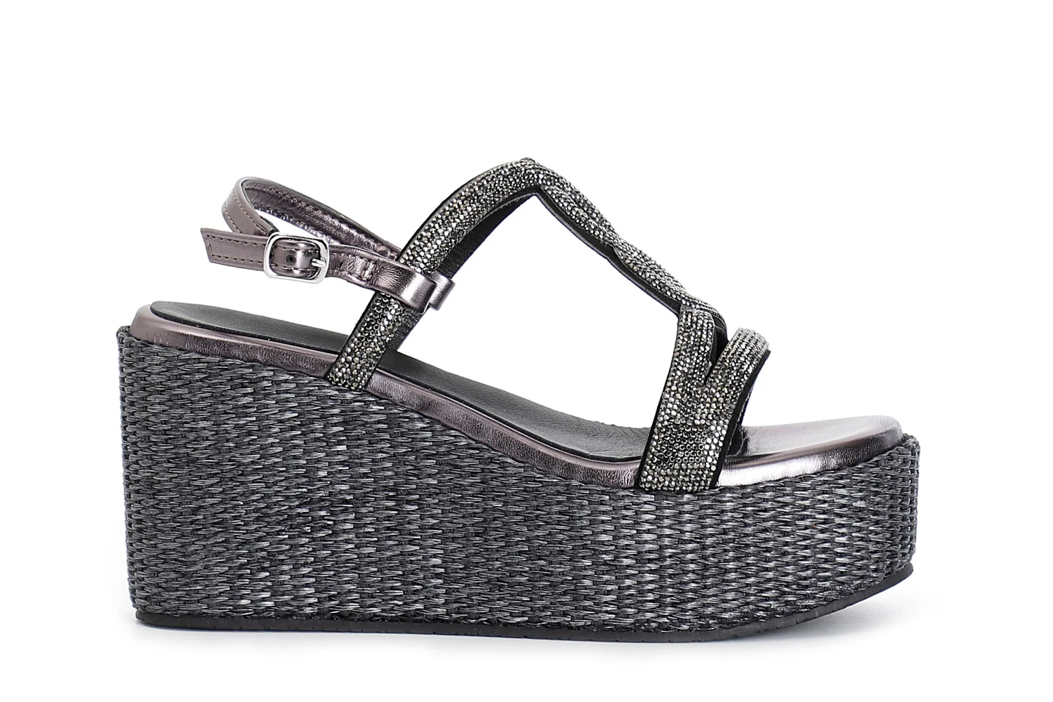 Sandali Doppia Fascia in Strass con Zeppa in Rafia