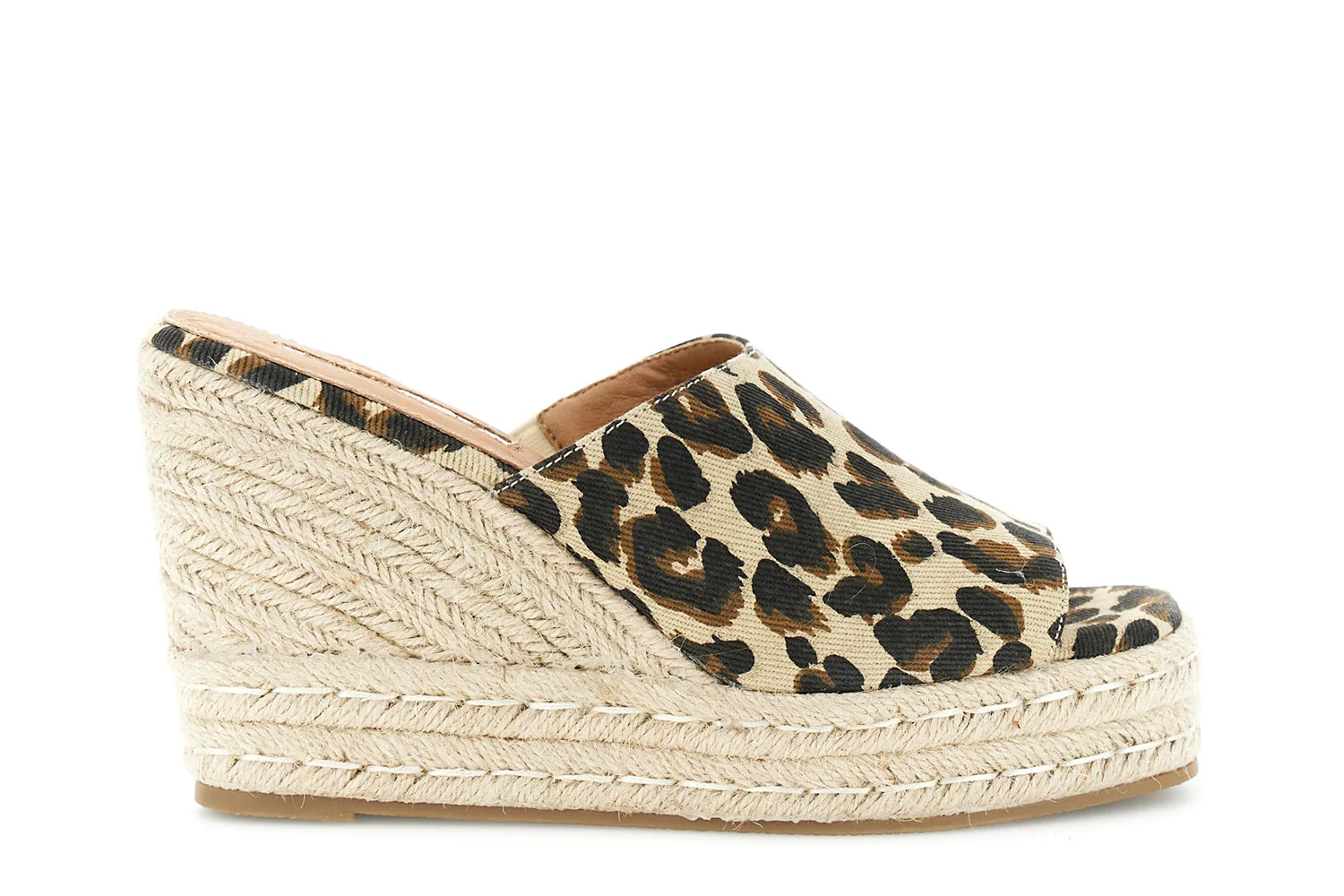 Sandali ciabatta in canvas su fondo zeppa leopard