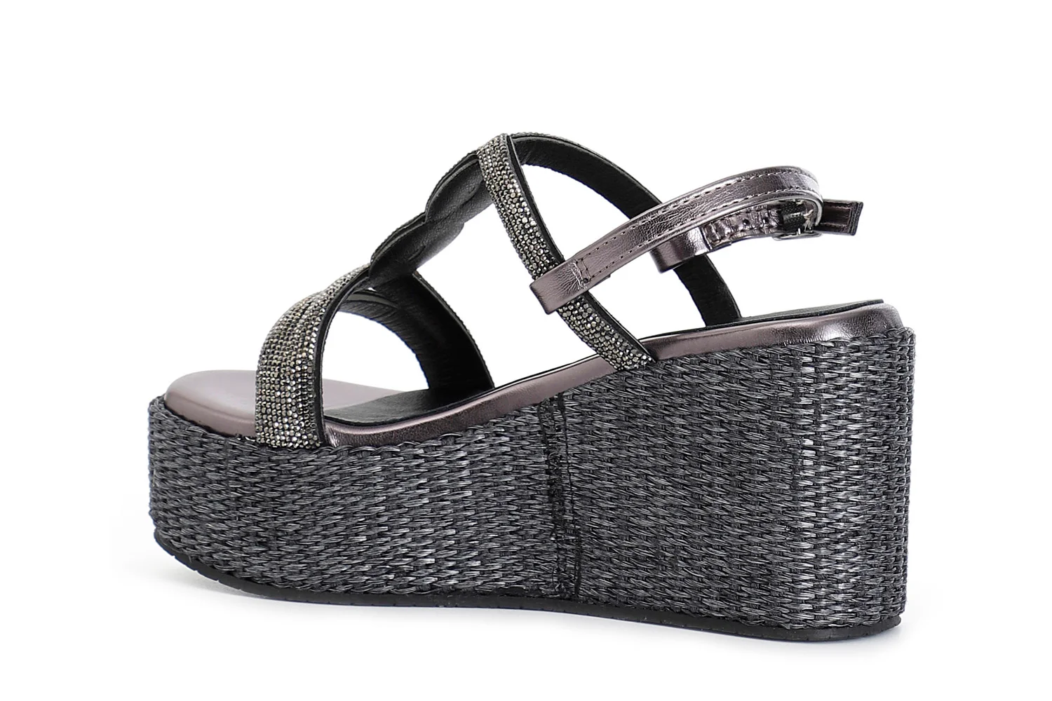 Sandali Doppia Fascia in Strass con Zeppa in Rafia - vista 2