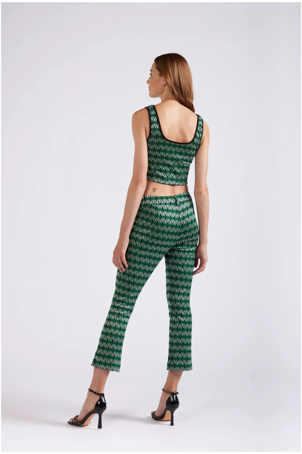 Pantaloni cropped flare tessuto jacquard multiverde - vista 2