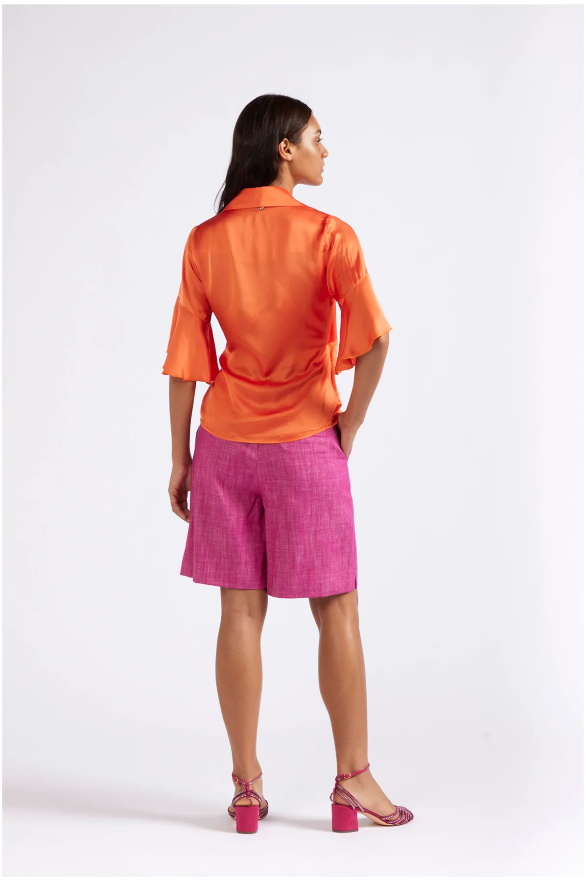 Camicia incrociata in satin arancio - vista 2