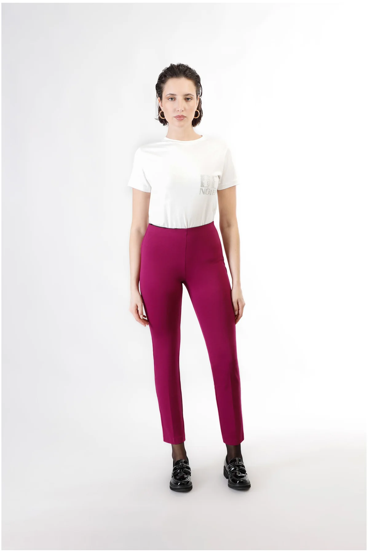 Pantaloni a sigaretta con vita elastica magenta