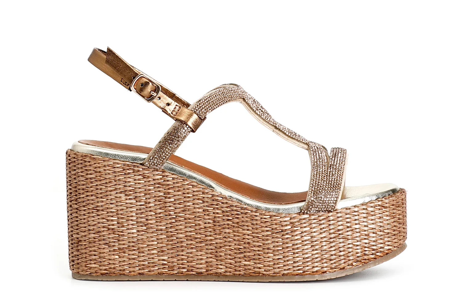 Sandali Doppia Fascia in Strass con Zeppa in Rafia