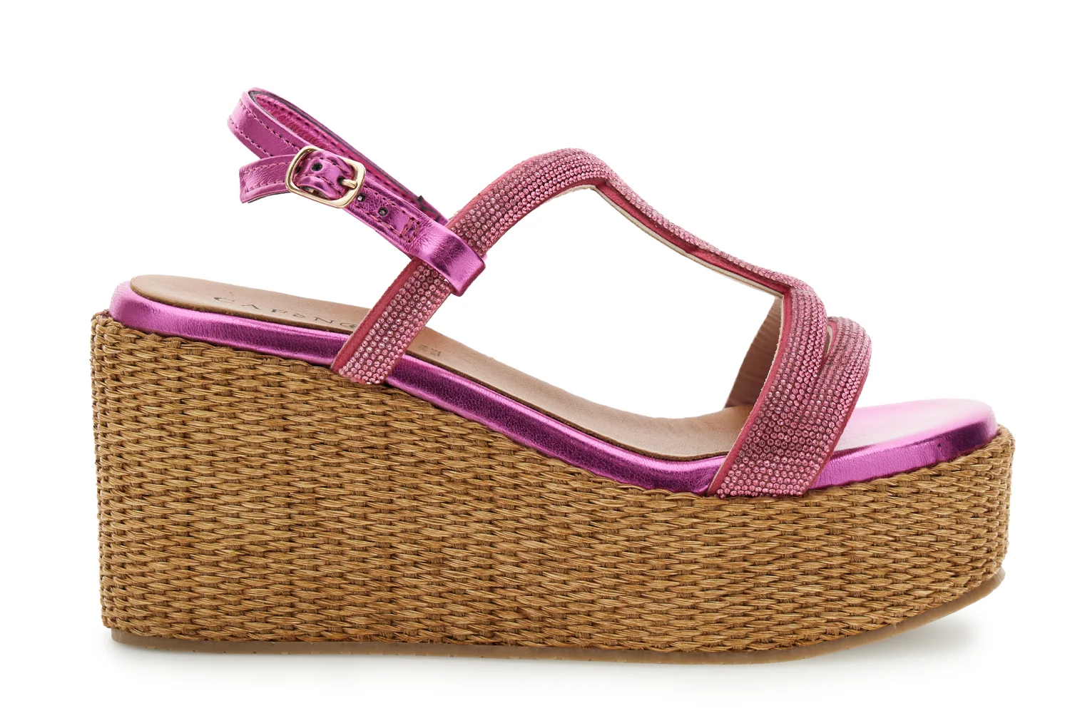 Sandali Doppia Fascia in Strass con Zeppa in Rafia