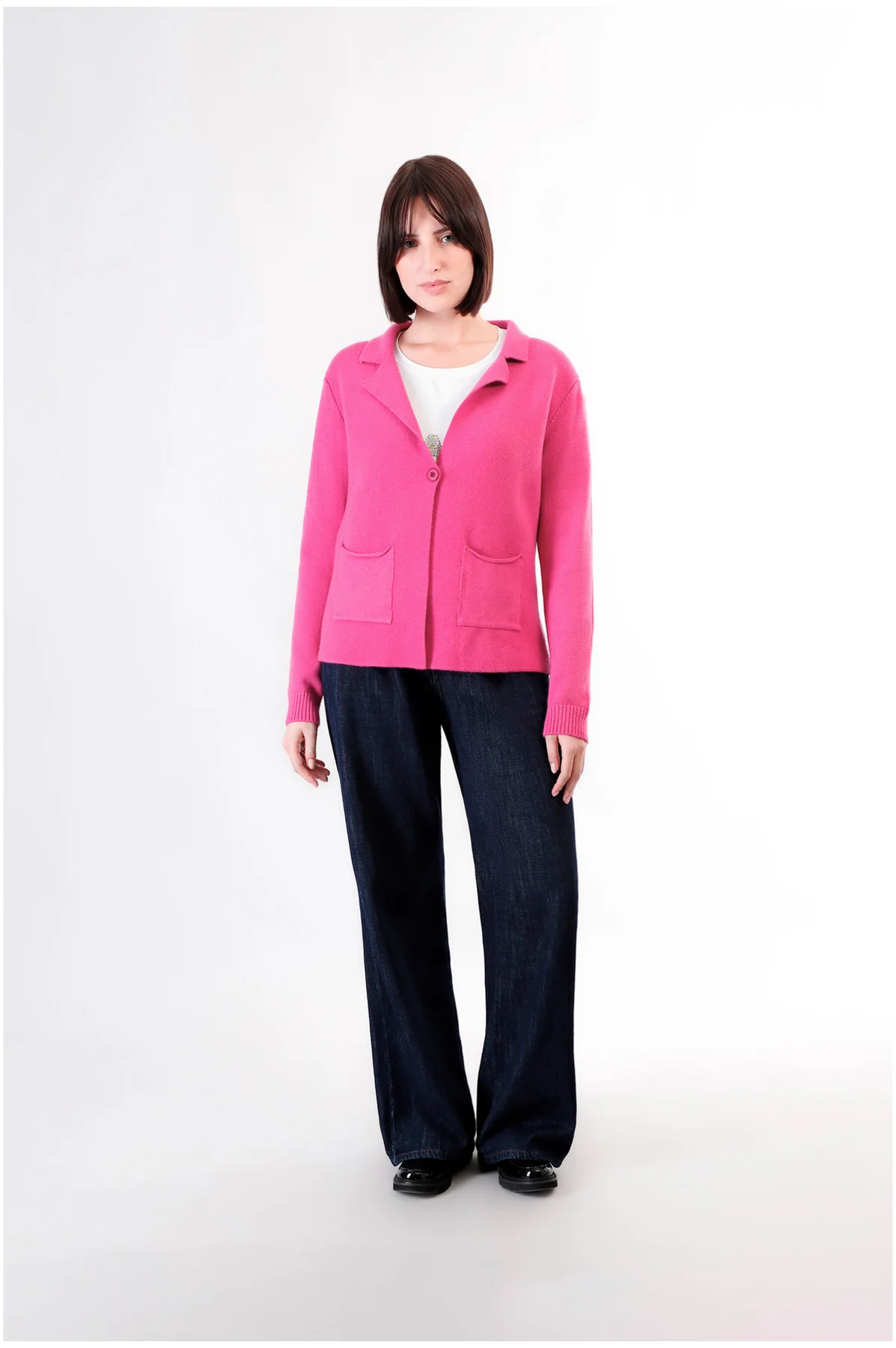 Cardigan tipo giacca in maglia fuxia