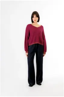 Maglia con Lurex e Scollo a V Magenta