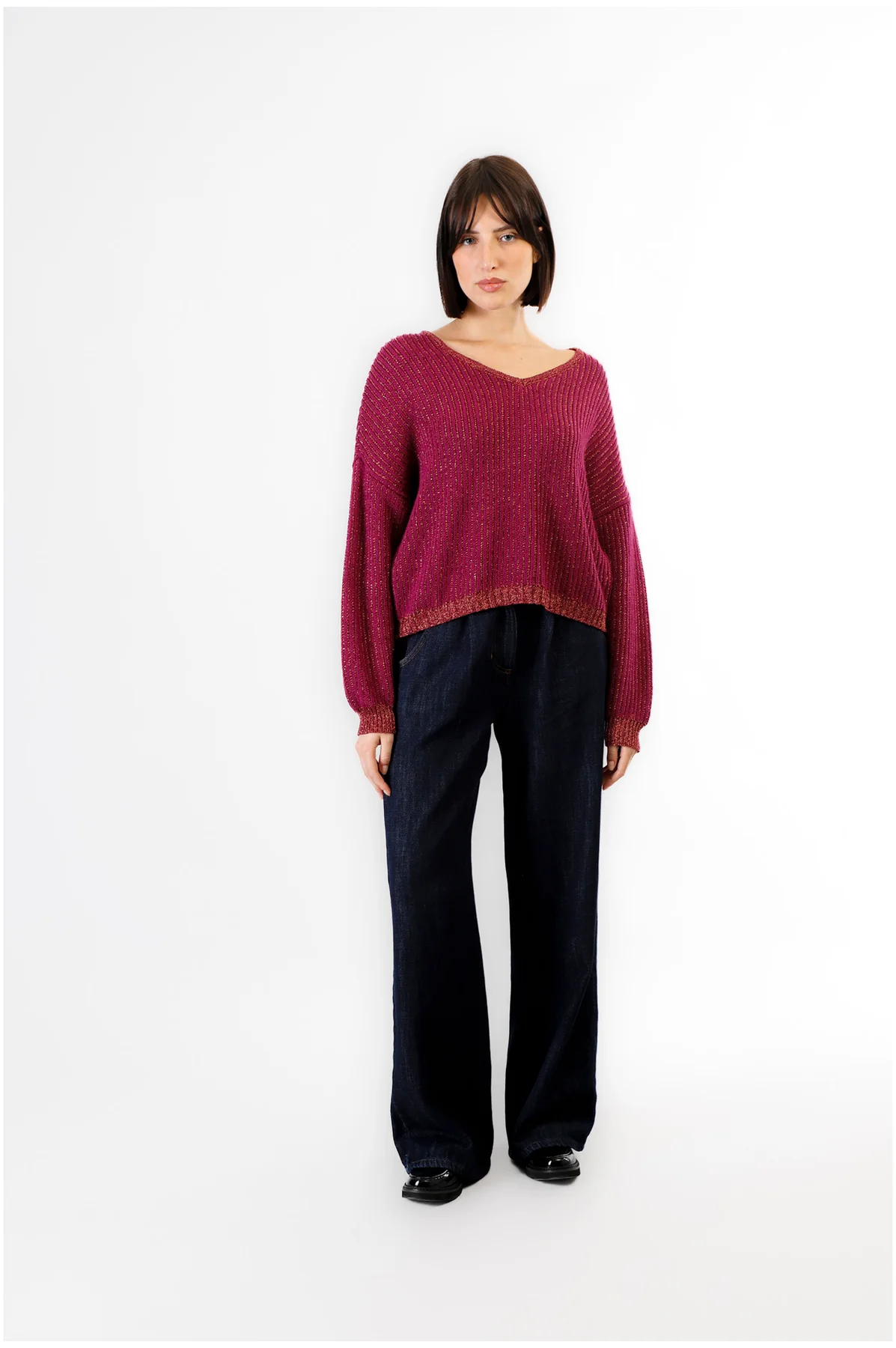 Maglia con Lurex e Scollo a V Magenta