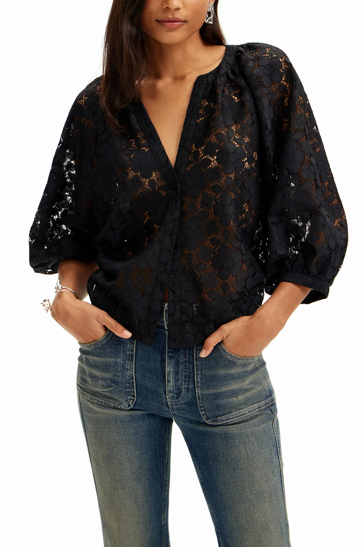 Desigual Camicia Maniche Lunghe Donna Nera Dettagli a Contrasto