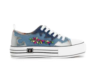 Sneakers in tessuto jeans con strass