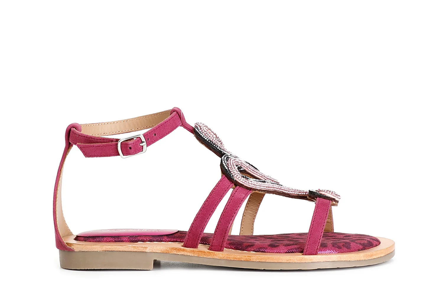 Sandali in camoscio e stampa maculata con strass