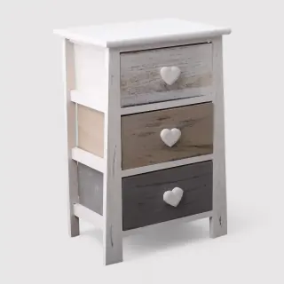 Eugenia - Comodino shabby chic con pomelli a cuore e 3 cassetti
