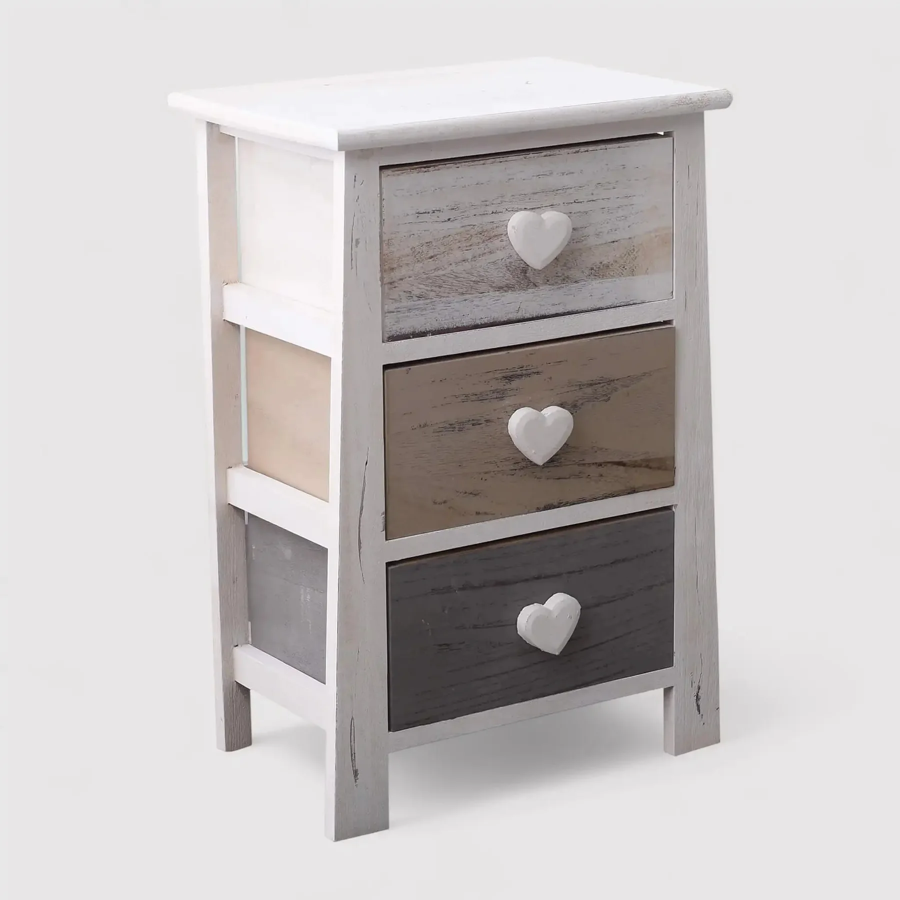 Eugenia - Comodino shabby chic con pomelli a cuore e 3 cassetti