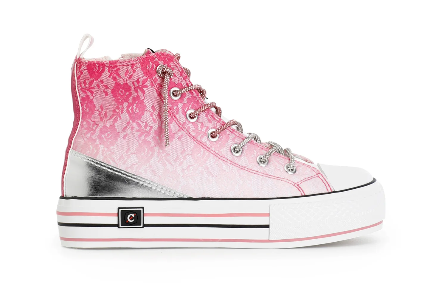 Sneakers mid pizzo degradé con lacci strass fuxia