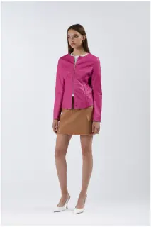 Giacca girocollo in similpelle fuxia