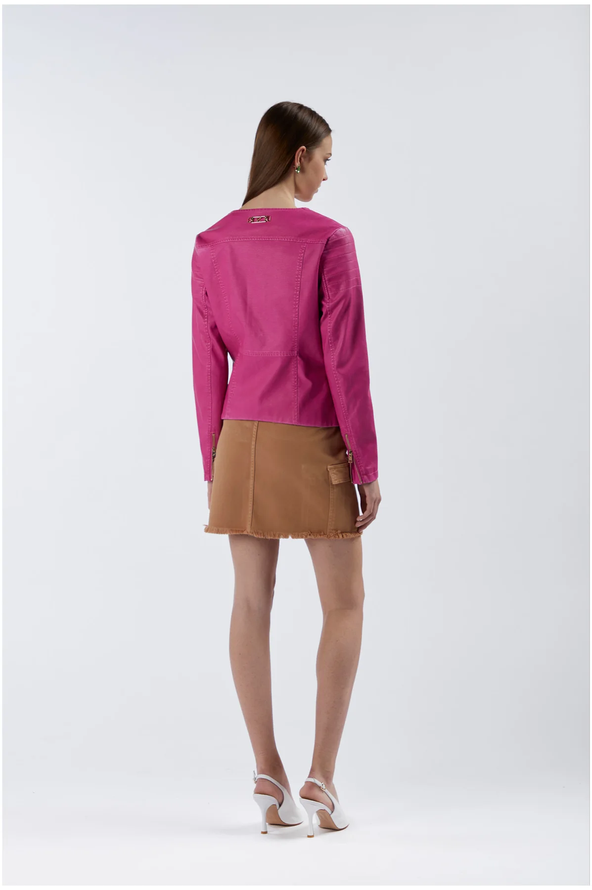 Giacca girocollo in similpelle fuxia - vista 2