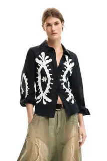 Camicia Maniche Lunghe Donna Nera con Ricamo
