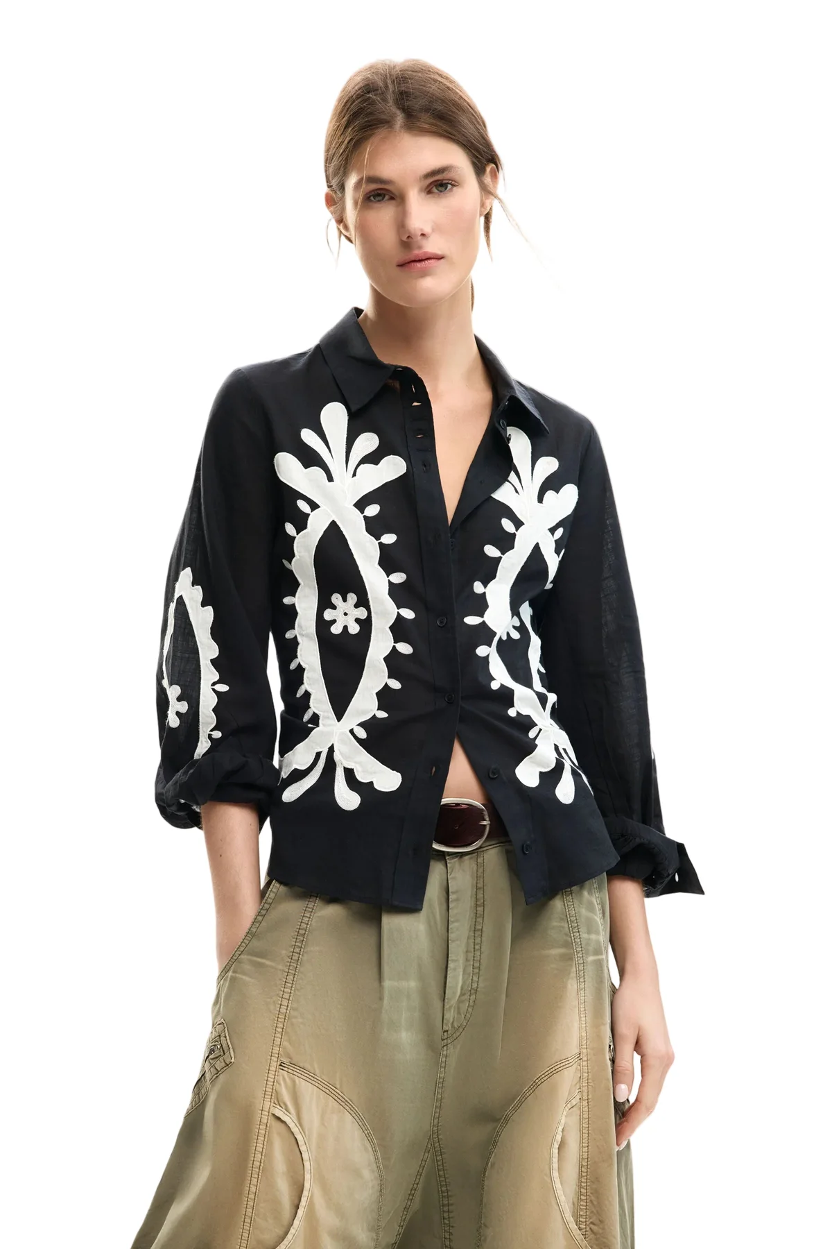 Camicia Maniche Lunghe Donna Nera con Ricamo