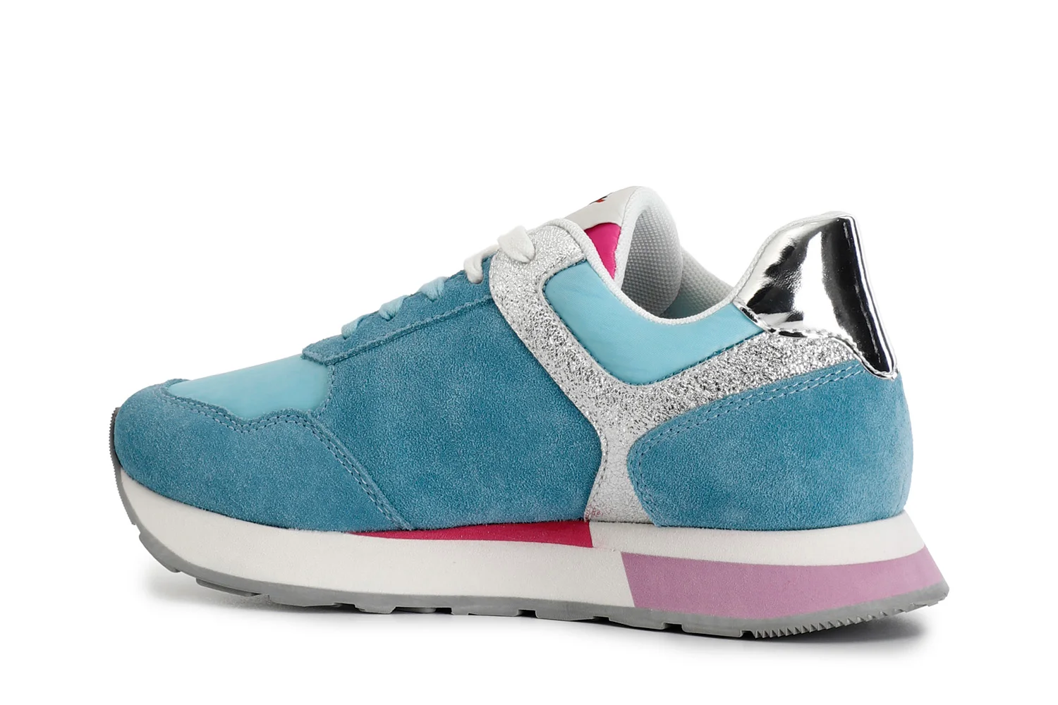 Sneakers in pelle scamosciata e tessuto con glitter fuxia - vista 2