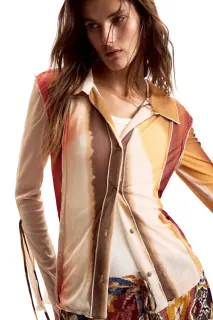 Camicia Maniche Lunghe Donna Beige Fantasia