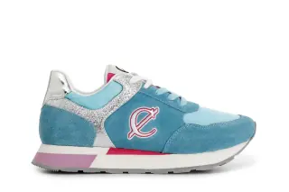 Sneakers in pelle scamosciata e tessuto con glitter fuxia