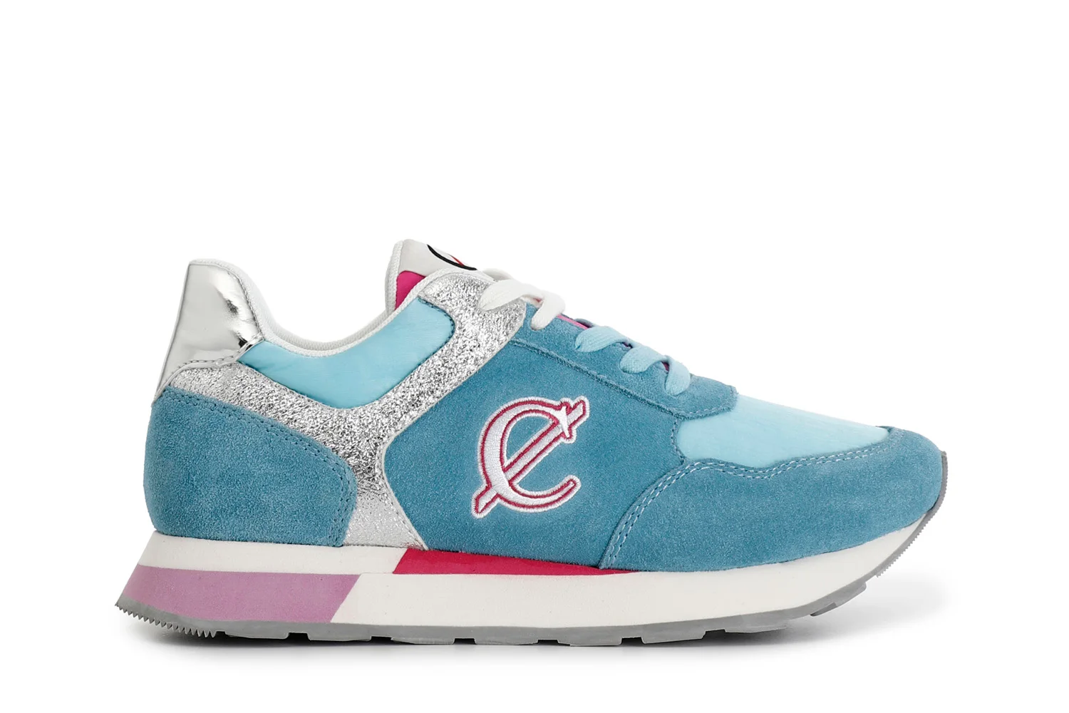 Sneakers in pelle scamosciata e tessuto con glitter fuxia