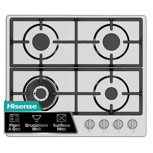 Hisense GM663XHFSI Piano Cottura Inox Da Incasso Gas 4 Fornello