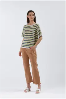 Maglia crochet a maniche corte multicolor