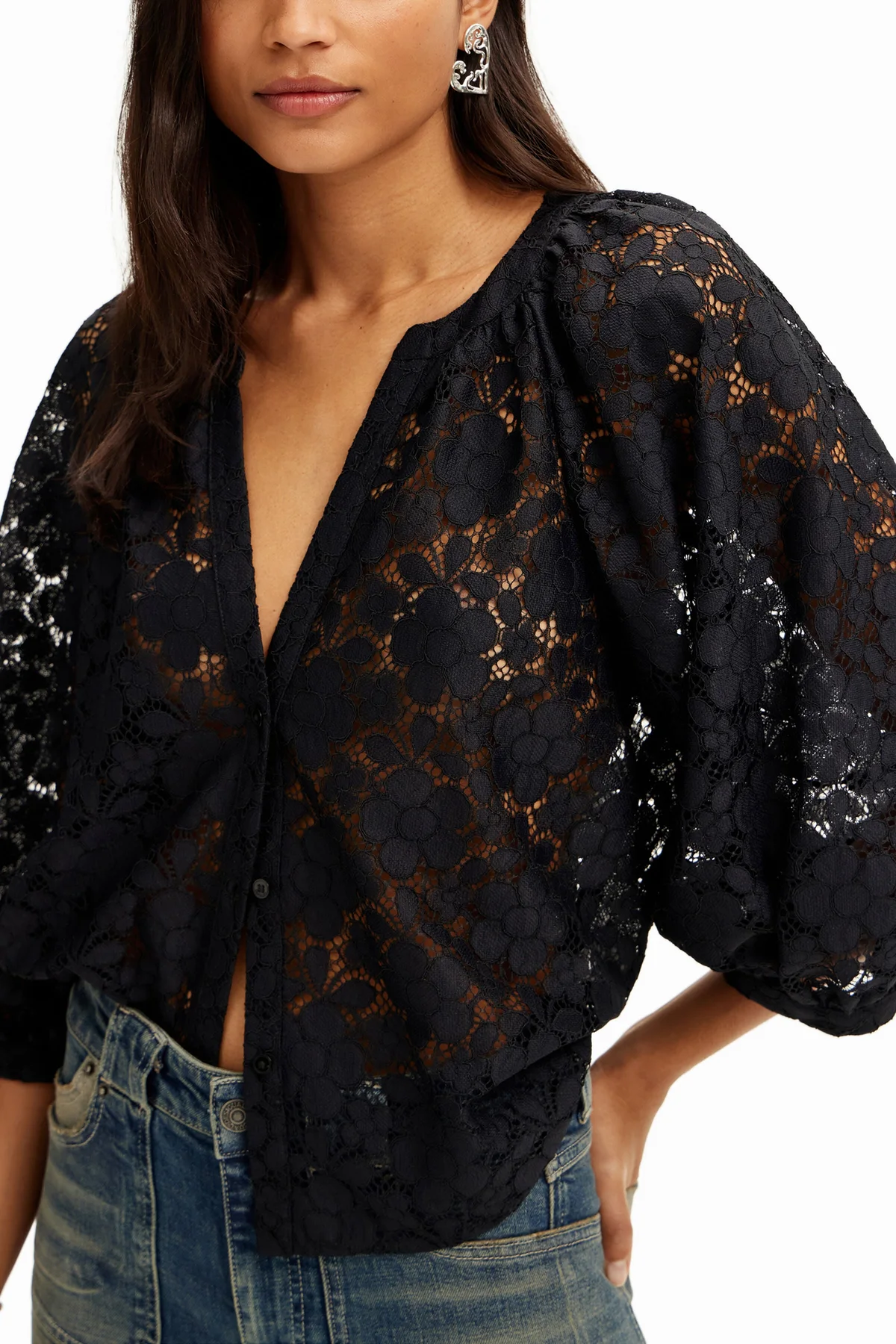 Desigual Camicia Maniche Lunghe Donna Nera Dettagli a Contrasto - vista 2