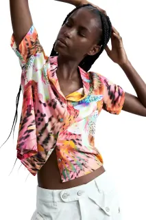 Camicia Maniche Corte Donna Arancione Stampa Logo