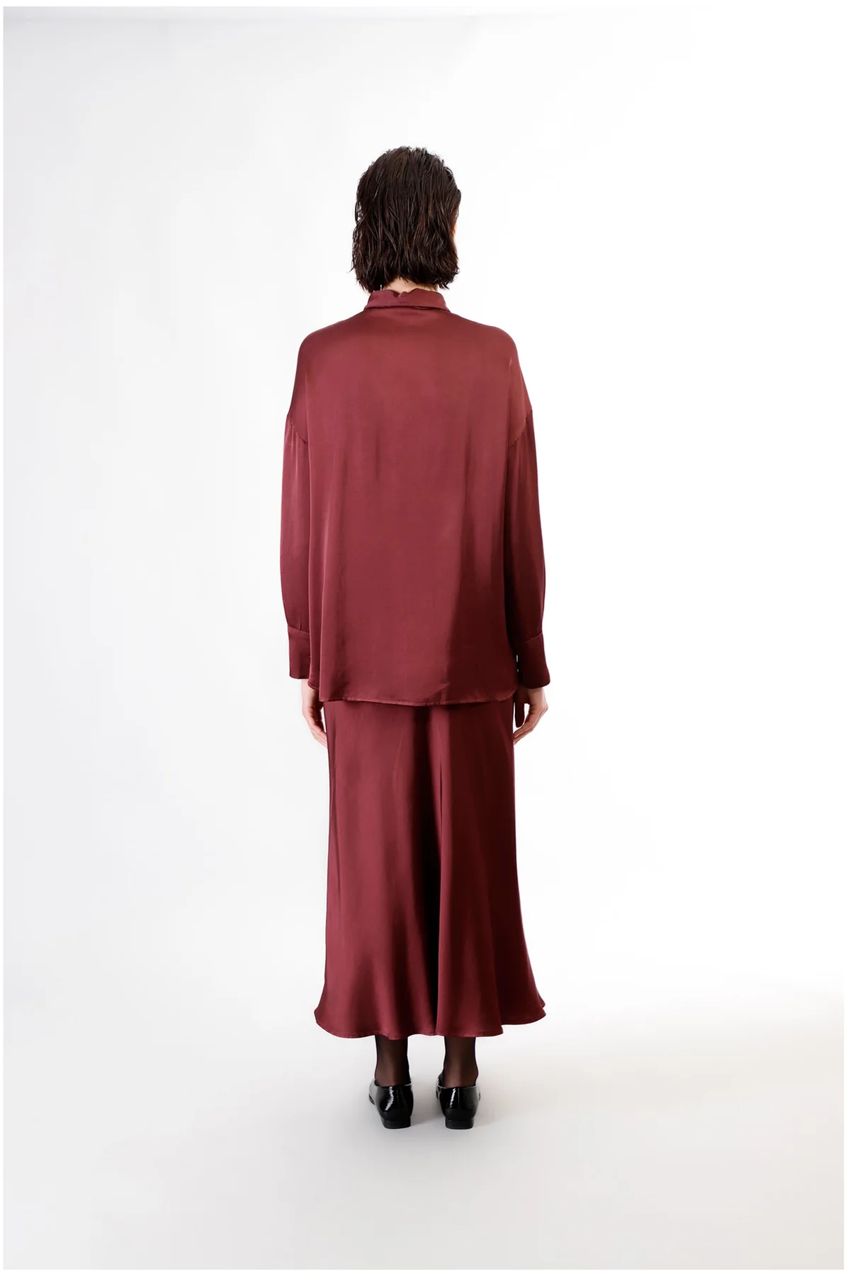 Camicia dritta in satin vinaccia - vista 2